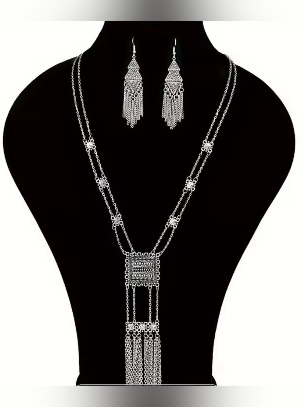 Boho Tribal Silver Tassel Statement Necklace & Earring Set New